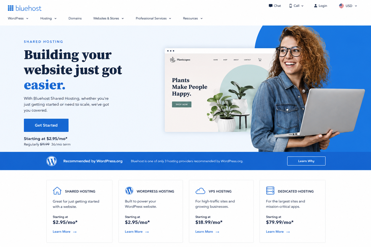 Bluehost web hosting homepage